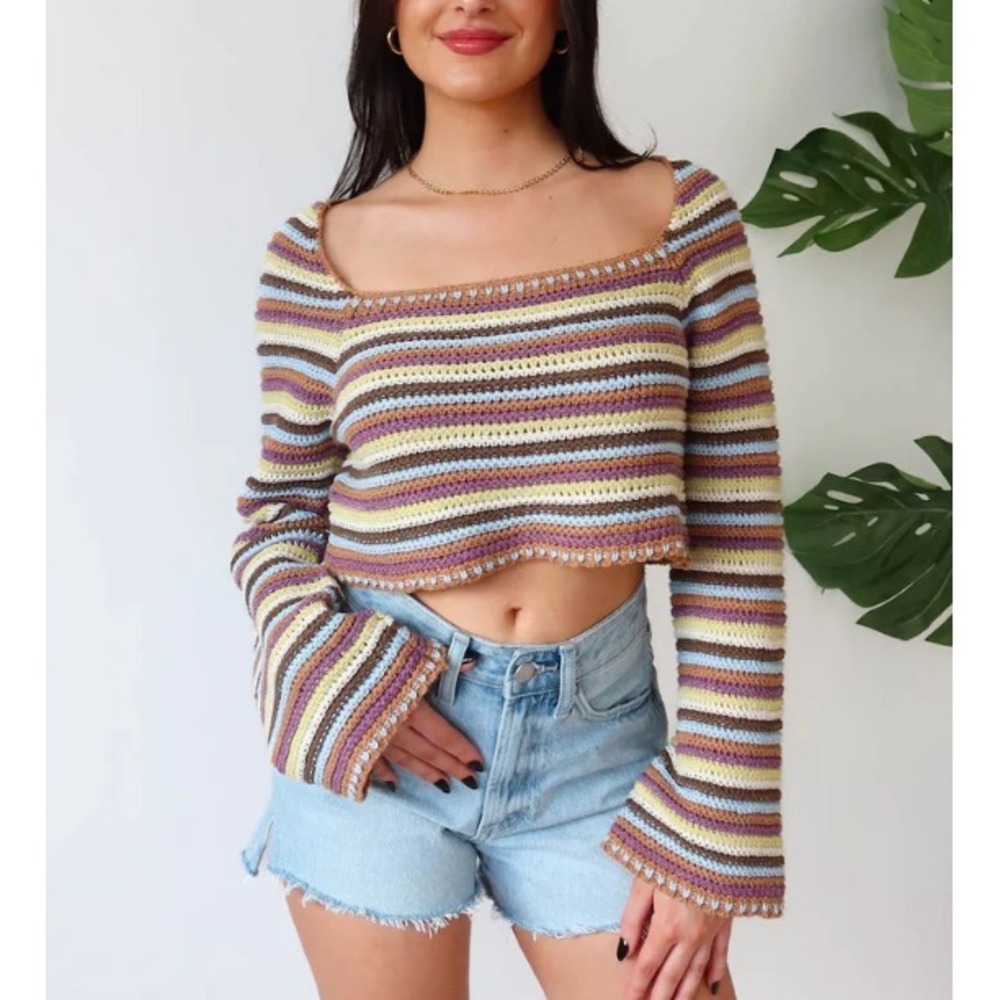 Grey Bandit Hard to Forget Top Crop Multicolor Knit Flare Sleeves Size Small